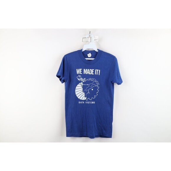 Vintage 80s Pan Am Airlines Womens Small PANAMAC Data Systems T-Shirt Blue USA - Picture 1 of 11